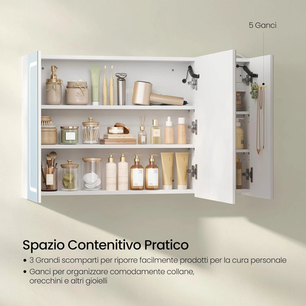 Mobile Bagno con Specchio e Luce, Armadietto Bagno a 3 Porte con Ripiani Regolabili, Ganci e Prese, Luce Tattile a 3 Colori, per Appartamento, Bianco, 100x14,5x60 cm, Nordico