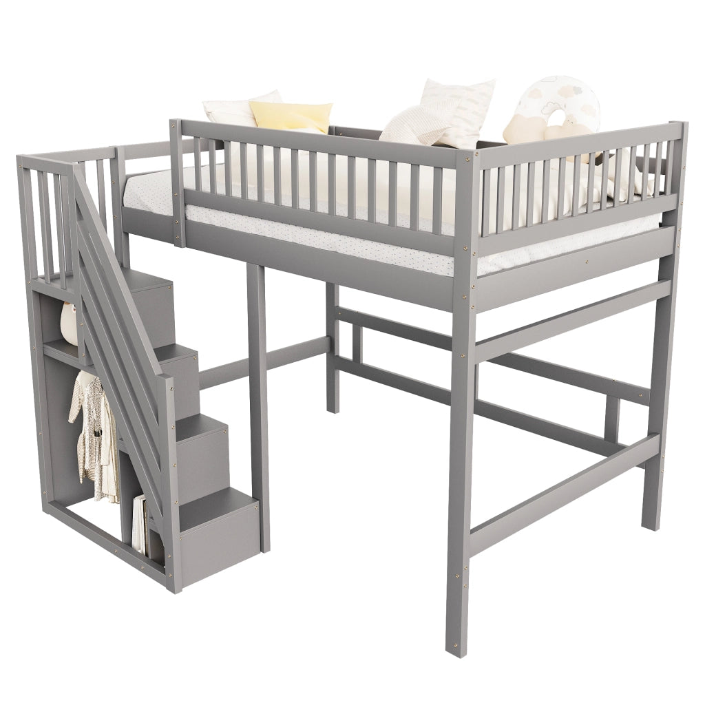 OKWISH Letto a soppalco 140×200 cm, Letto Matrimoniale con Scala Contenitore, 3 Armadietti e Sponda Alta, senza Materasso, Grigio