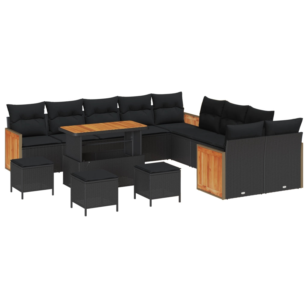 Set da Giardino  14 Pezzi con Cuscini Nero Polyrattan Acacia