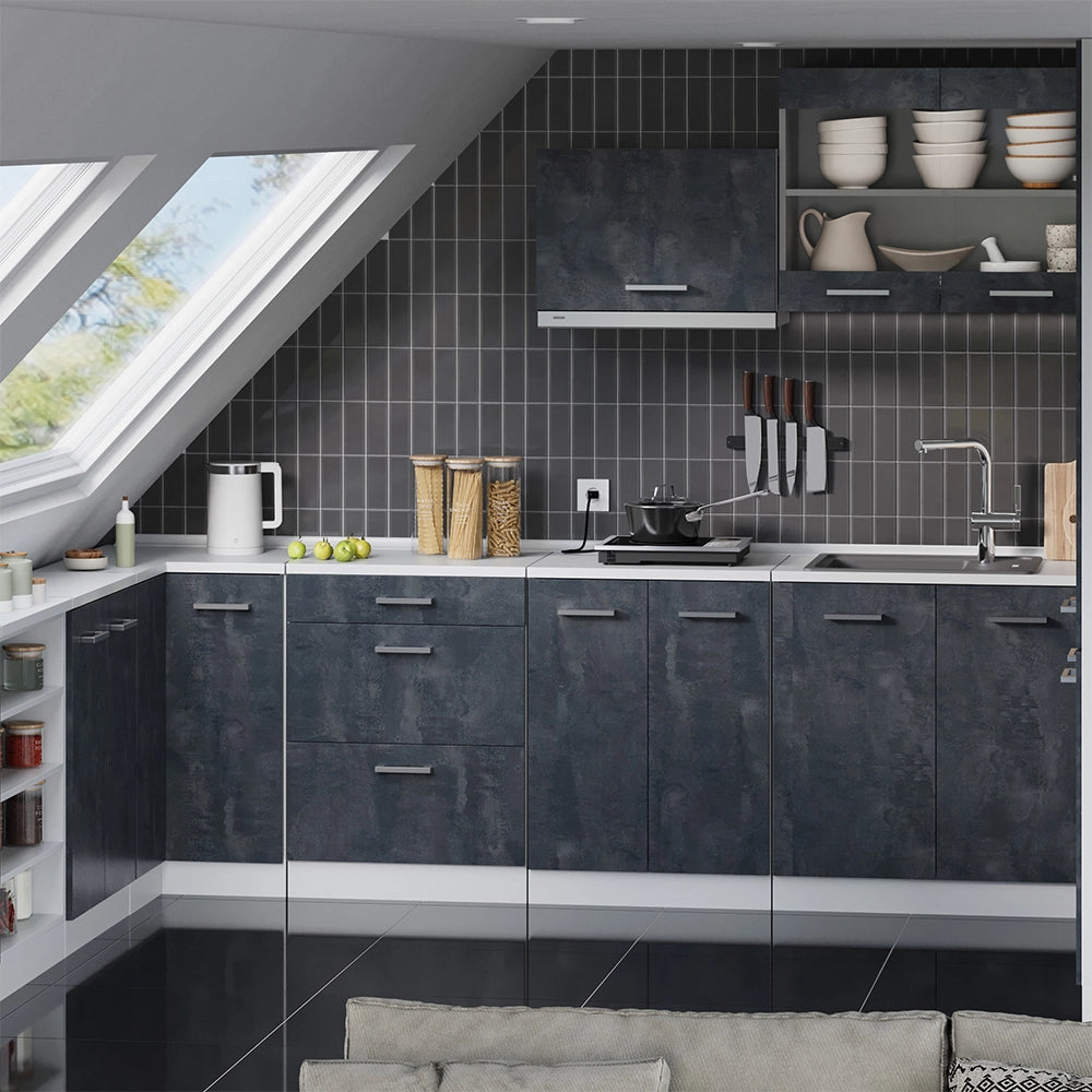 Mobile cucina sottotetto R-Line Calce nera/Bianco 60 cm senza inclinazione con 3 cassetti Vicco