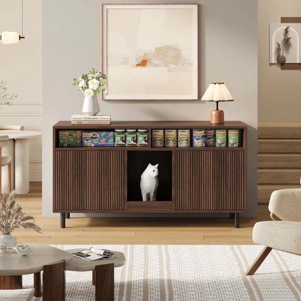 Mobile copriletteriera per gatti 120x50x66 cm con ripiani e tappetino raccogli sabbia; noce