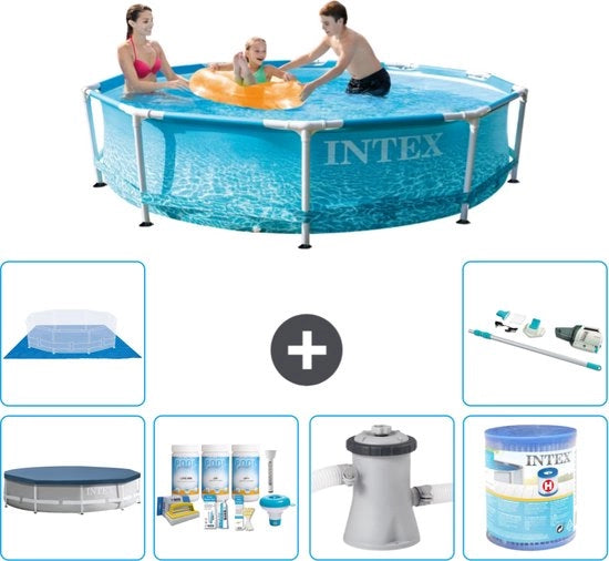 Piscina a forma di cerchio - 305 x 76 cm - Acquaprint - Incluso telo di copertura - Kit di manutenzione - Pompafiltro per piscine - Filtro - Telaio di fondazione - Aspirapolvere per piscine