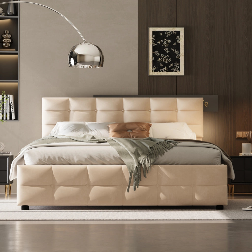 Letto imbottito 180 × 200 cm 2 posti con contenitore idraulico, senza materasso, in velluto beige