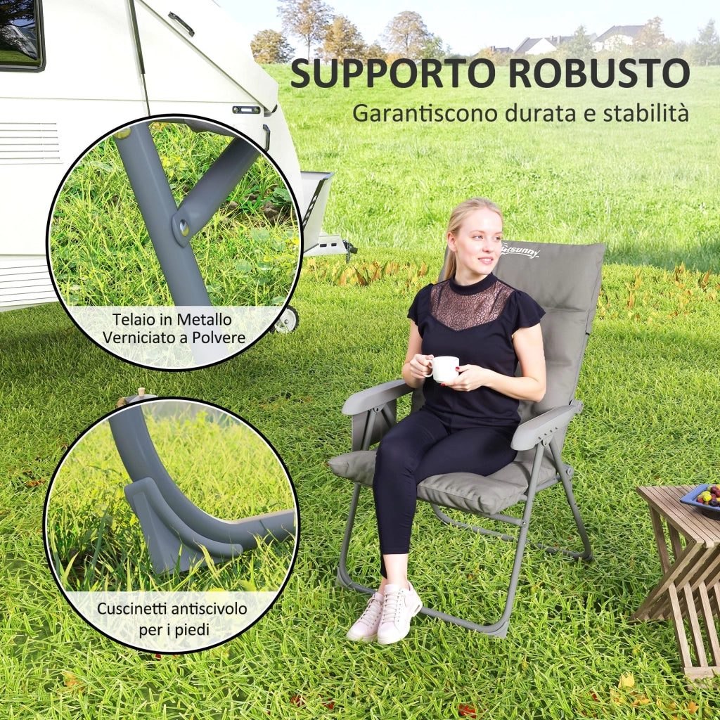 Sedia da Campeggio Pieghevole 66x58x105 cm Regolabile su 5 Livelli Grigio Chiaro