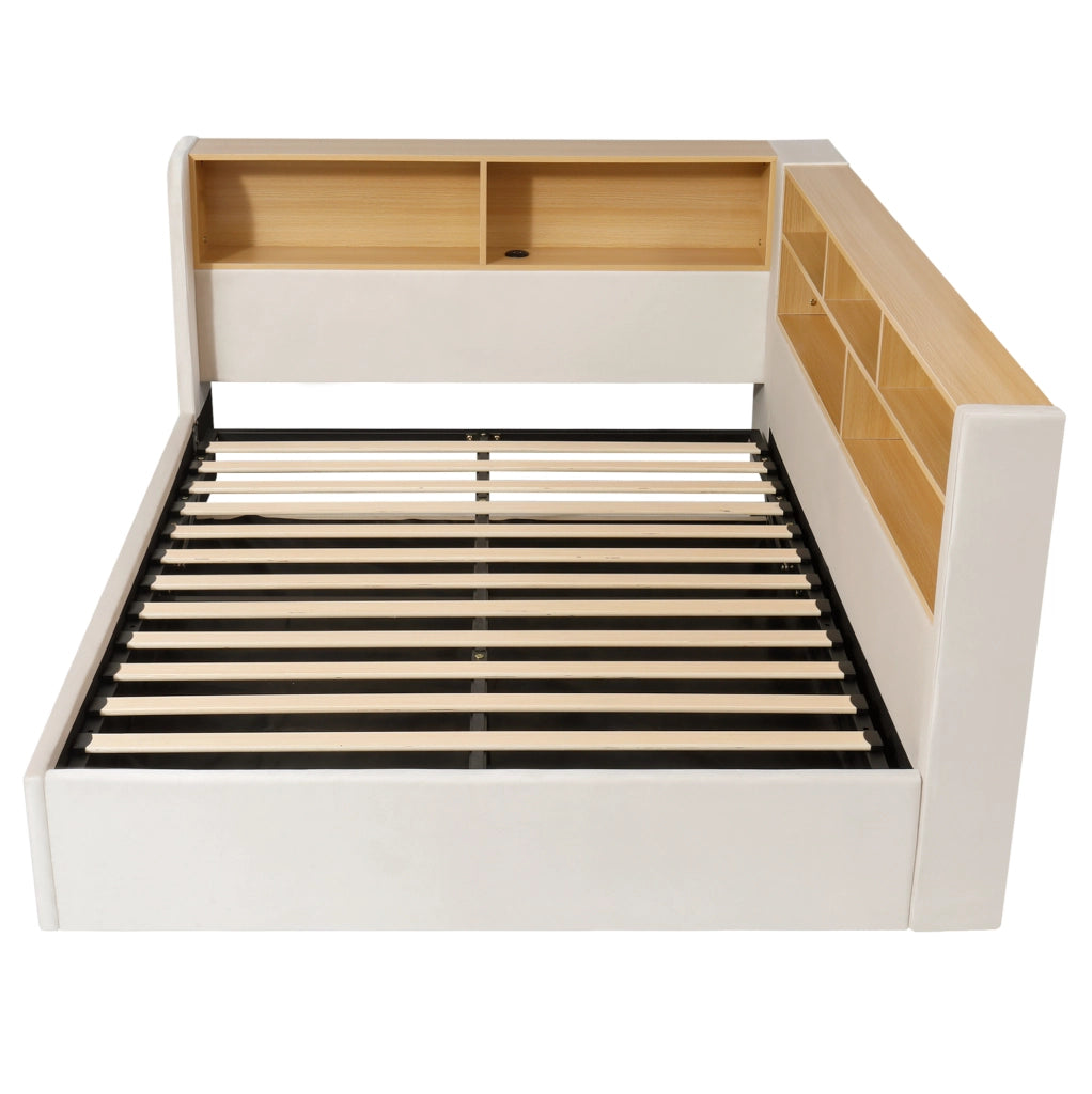 Letto imbottito beige con vano contenitore, LED e ricarica