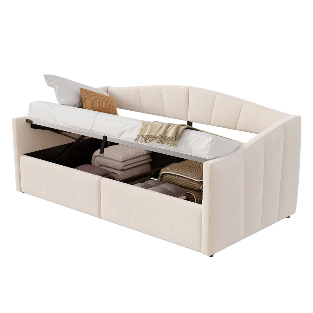 OKWISH Letto Banquette Singolo con Contenitore, con Sollevamento Idraulico, Schienale e Braccioli, 200×90 cm, senza Materasso, in Velluto, Beige