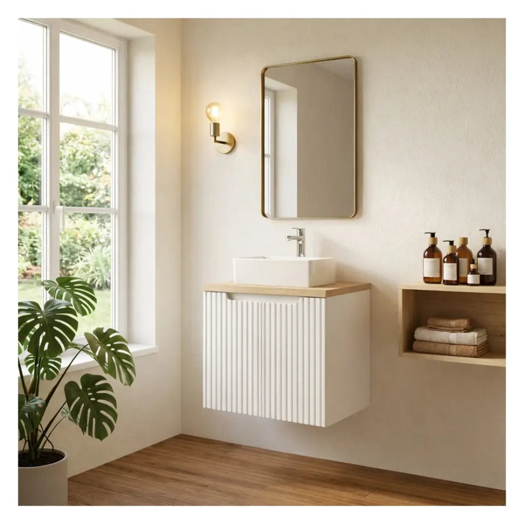 Set da bagno VANO bianco 50cm: mobile sotto lavabo con armadietti + top per lavabo + lavabo rettangolare da appoggio