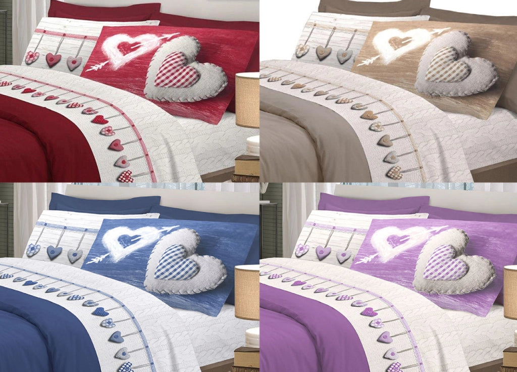 Completo Lenzuola Linea Pensieri Delicati 100% Cotone Disegno Cuore Appeso - Matrimoniale - Rosso