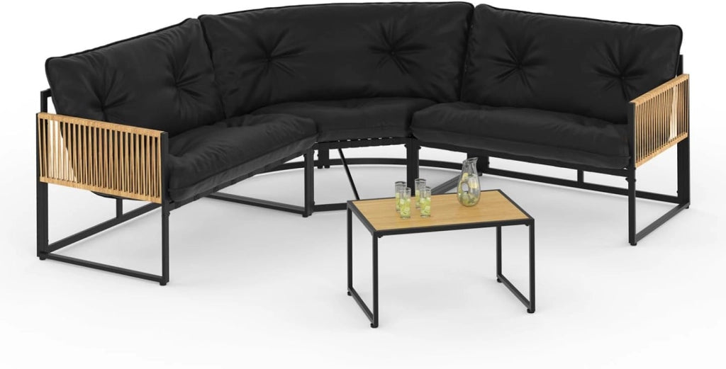 Set di mobili da Giardino Bassi Rio a 6 posti con Struttura in Metallo e Corde Effetto Rattan e Cuscini Neri