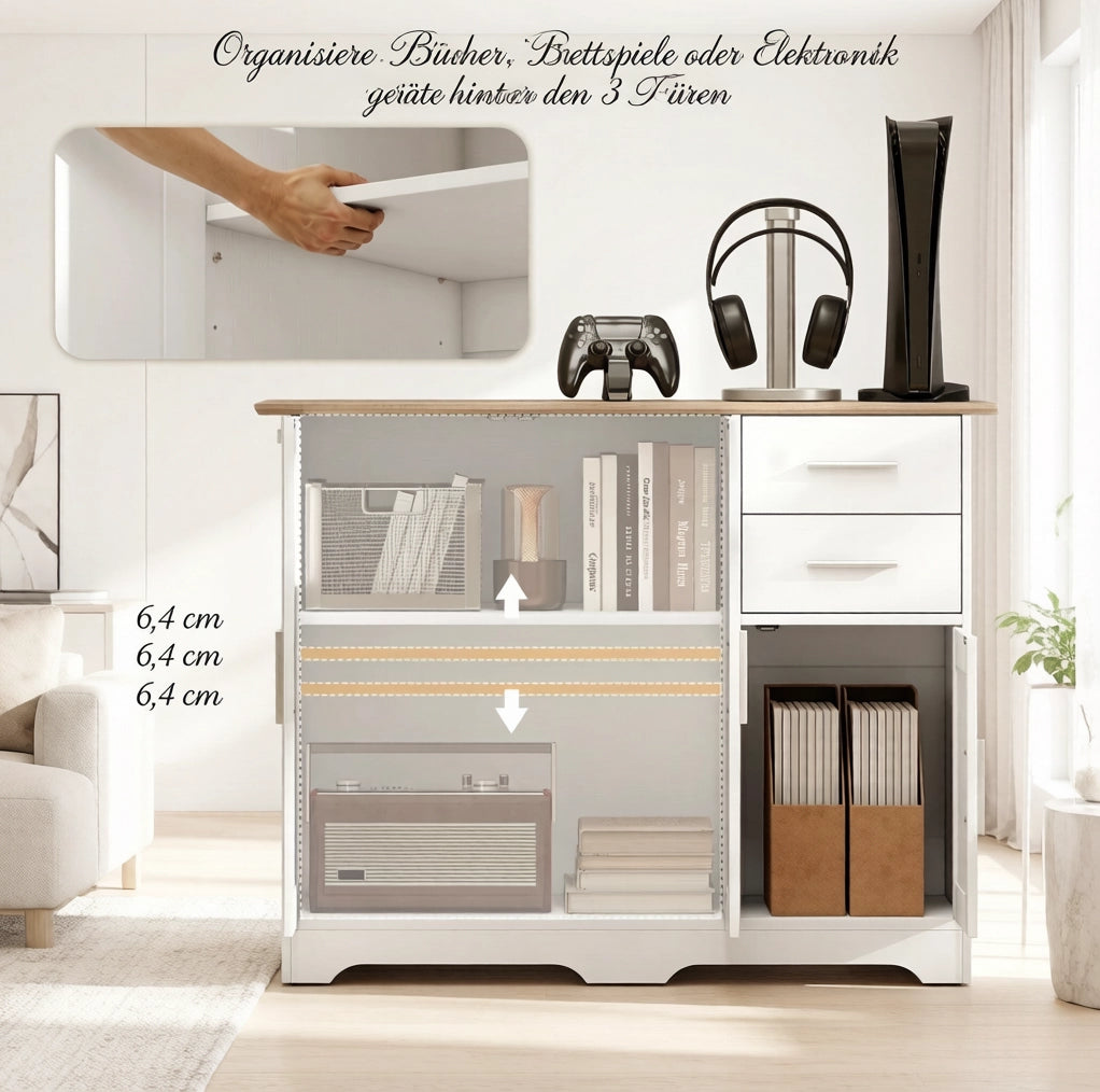 Credenza con 2 cassetti e ripiano regolabile 100x40x78 cm bianco e legno naturale