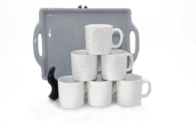 Set Caffè 6 Tazze Tazzine con Vassioio in Ceramica Decoro Grigio