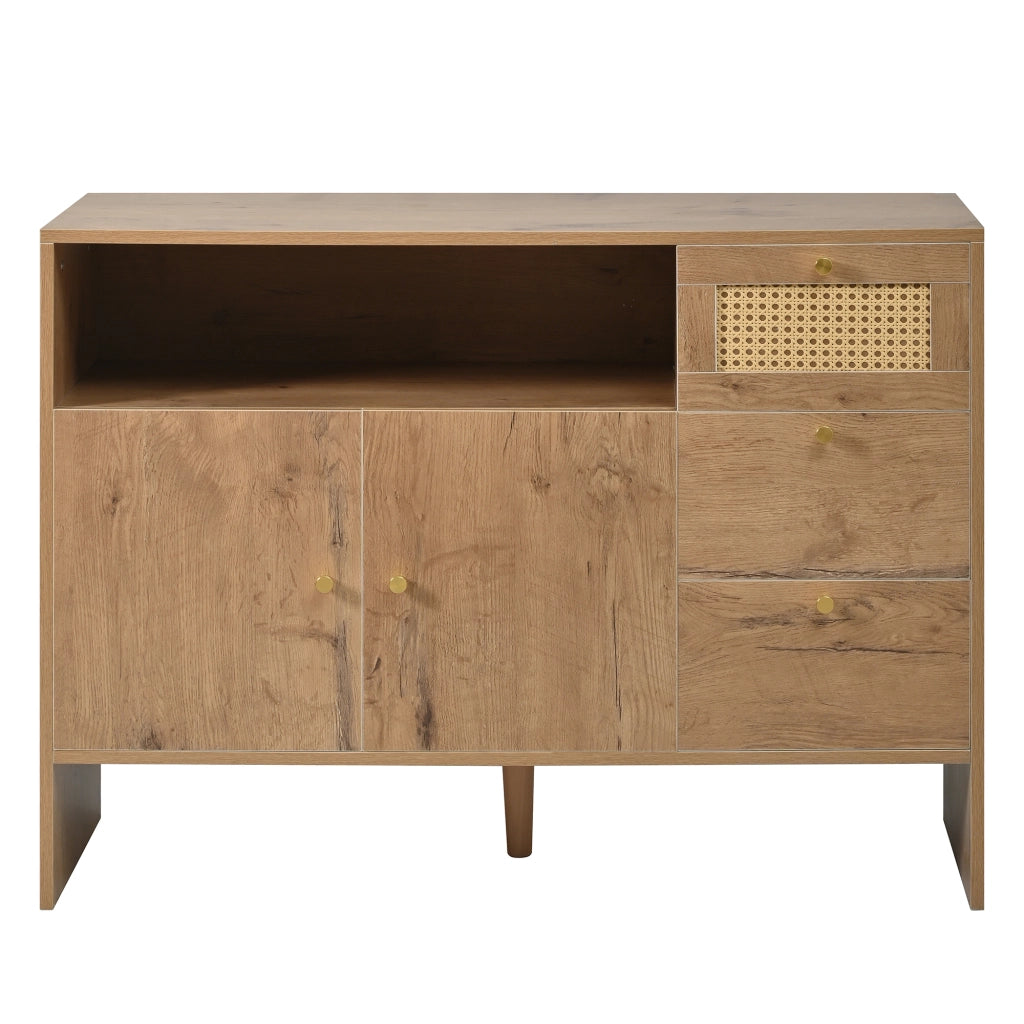 Credenza, 3 cassetti, decorazioni in vimini, finitura effetto legno, 105 x 40 x 76 cm, color legno naturale
