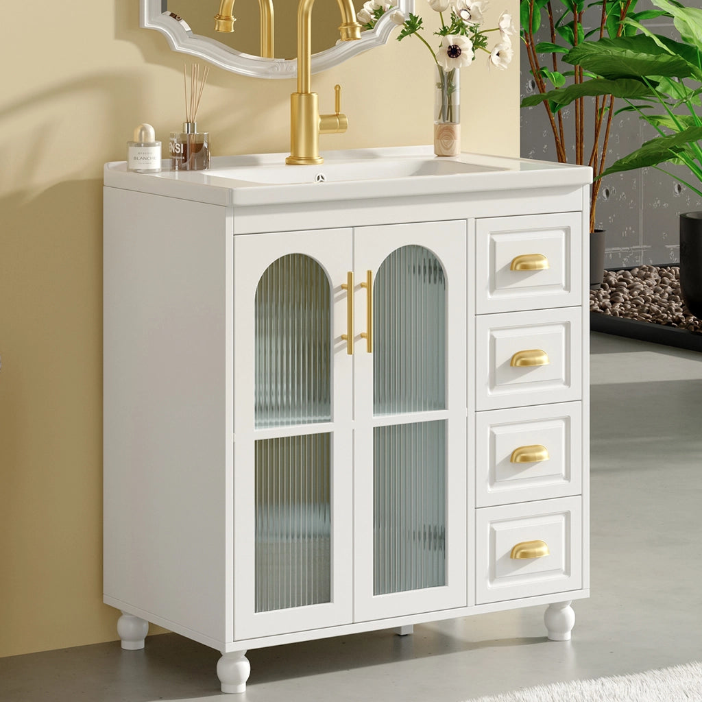 Mobile sottolavabo con 2 ante; 1 anta e 3 cassetti - per bagno - in MDF - bianco