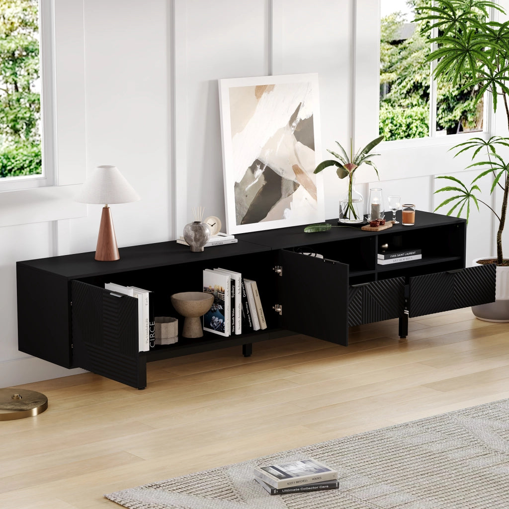 Mobile TV con 2 ante; vani aperti e passacavi - per soggiorno - 200×40×51 cm - nero