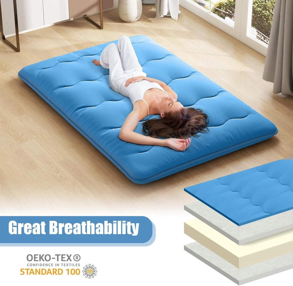 Futon - Materasso portatile giapponese 140 x 200 cm, imbottitura in cotone, materasso pieghevole per 2 persone, borsa per il trasporto, fodera lavabile, 2 fasciature, tatami pieghevole per
