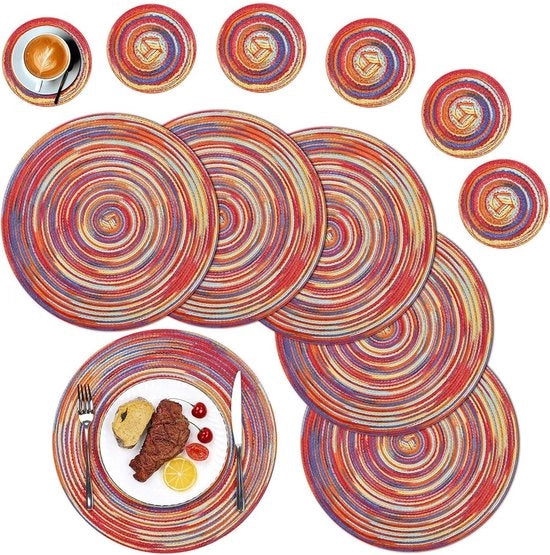 Set di 6 piatti rotondi e sottopiani, rotondi, lavabili, intrecciati, piatti rotondi con sottopiano, resistente al calore, piatti rotondi per cucina, festa, matrimonio, festa, rosso