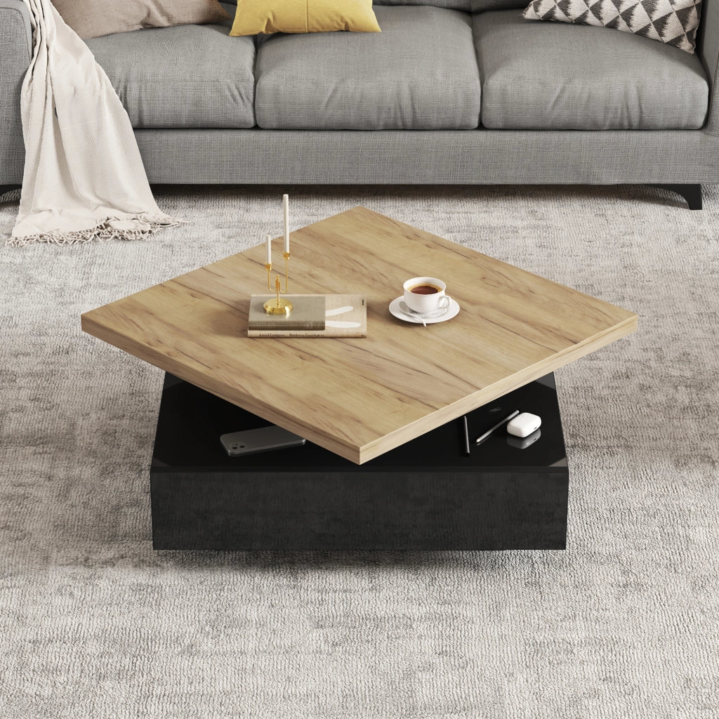Tavolino basso con piano girevole a 360° e vano contenitore, per soggiorno, in truciolare, noce e nero, 70 × 70 × 36 cm