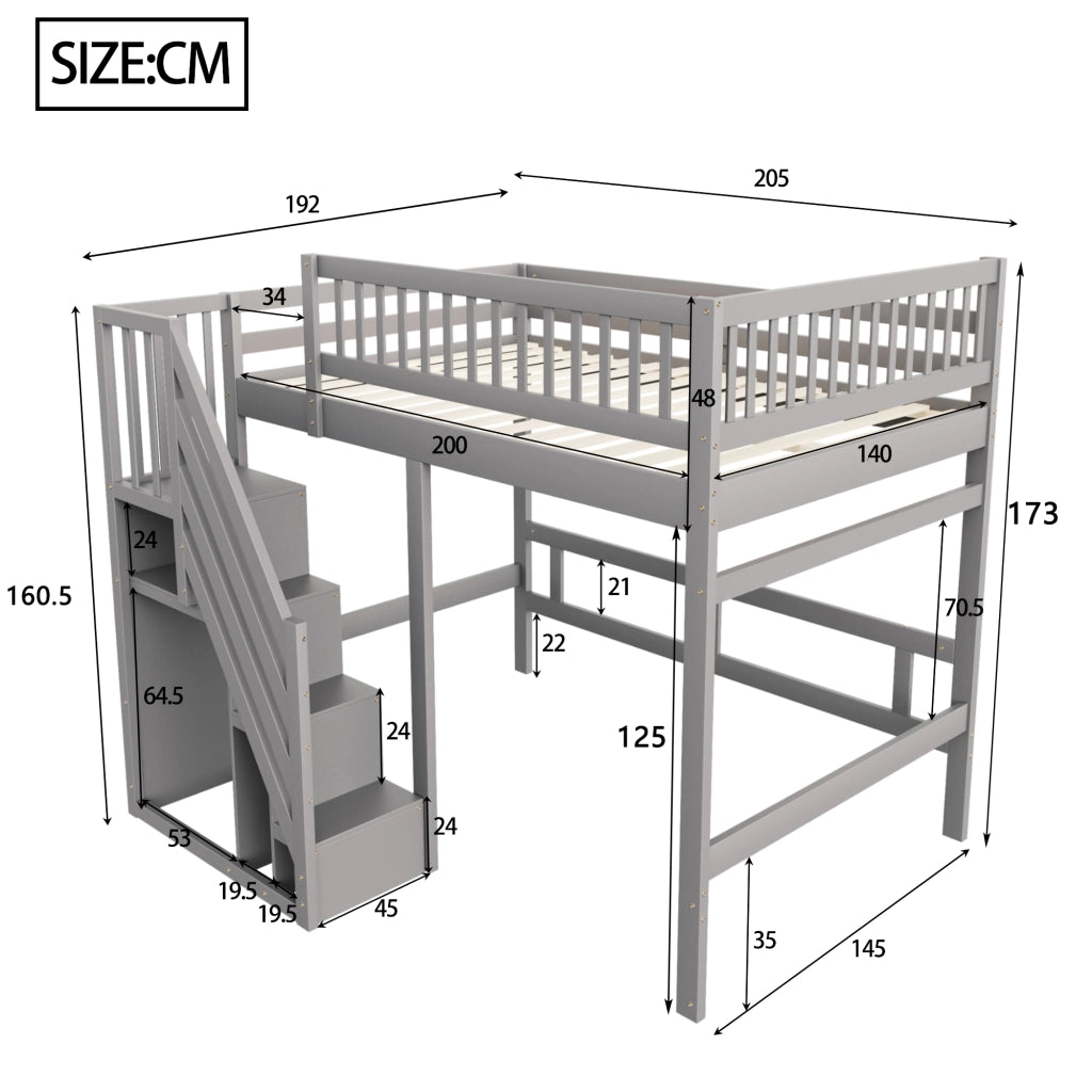 Letto a castello in legno grigio con scala contenitore altezza parapetto 140x200 cm