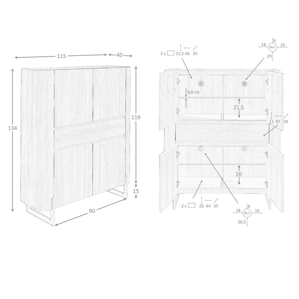 Credenza alta in noce e acciaio scuro metallizzato
