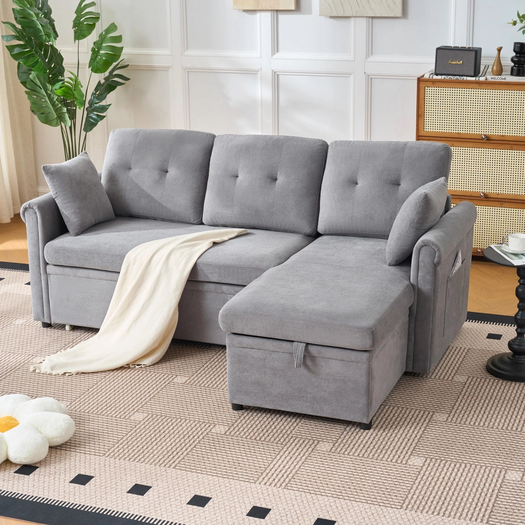 Divano angolare convertibile con contenitore funzione letto e chaise longue reversibile in chenille grigio