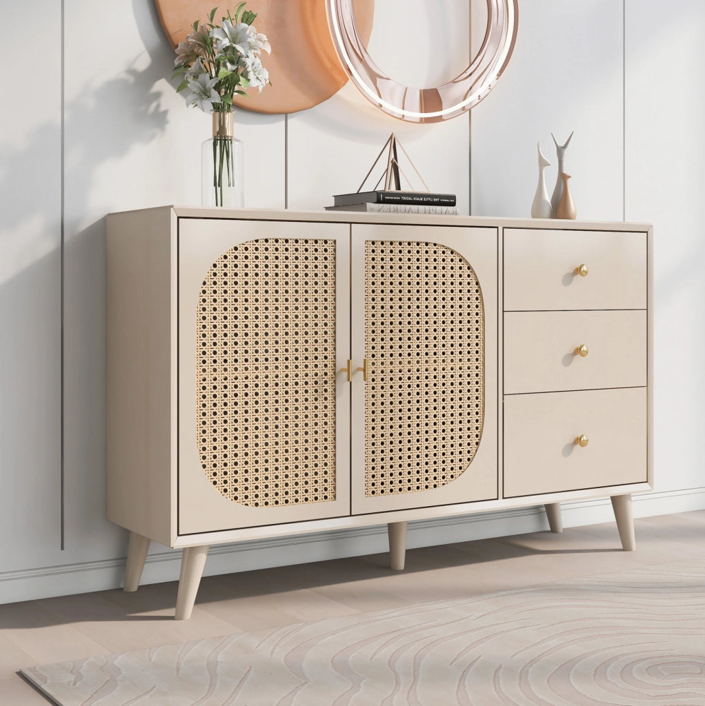 Credenza moderna bianco sporco con 2 ante e 3 cassetti, 120 cm
