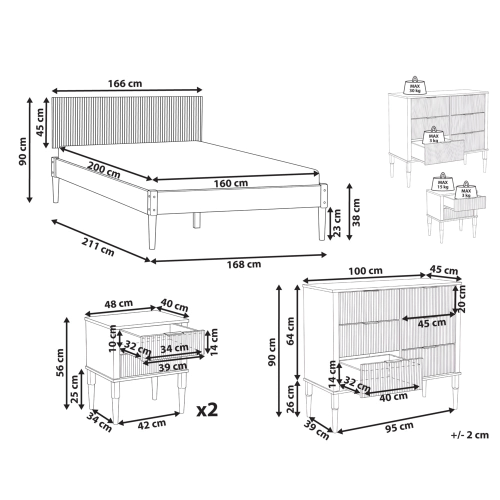 Set da camera da letto in legno di pino letto matrimoniale con 2 comodini e cassettiera a 6 cassetti 160 x 200 cm marrone chiaro stile scandinavo