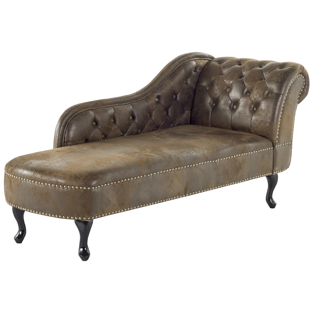 Chaise longue marrone versione destra in finta pelle scamosciata abbottonata