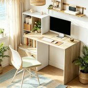 Scrivania da Computer con Libreria a 4 Scomparti e Cassetto Chiuso, Bianco e Rovere Chiaro