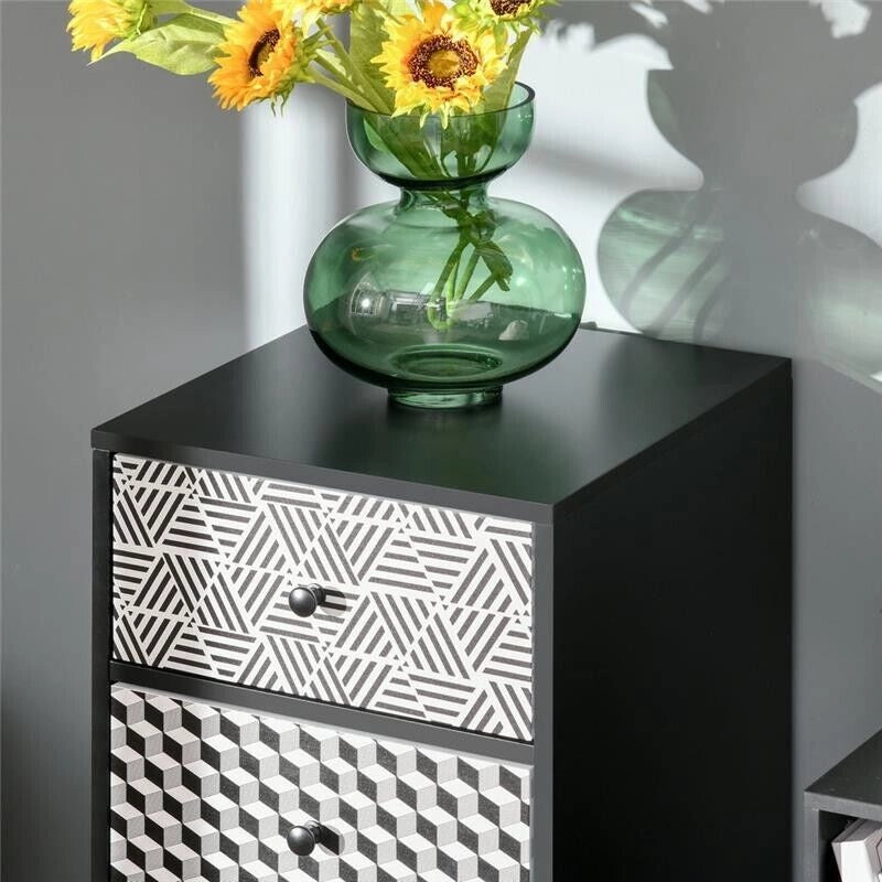 MOBILE CASSETTIERA 5 CASSETTI FANTASIA GEOMETRICA 40X40X111.5 CM NERO E GRIGIO