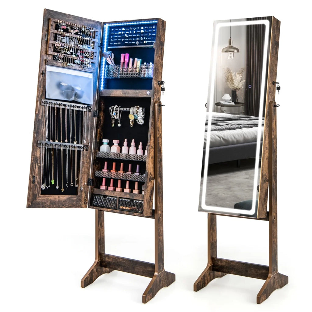 Mobile portagioielli indipendente 41 x 38,5 x 151 cm con specchio illuminato e chiudibile a chiave design moderno in MDF marrone 20_0010382