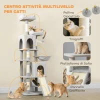 Albero Tiragraffi per Gatti con 2 Casette, 2 Lettini, Trespolo e 2 Palline, 48x40x177 cm, Grigio Chiaro e Beige
