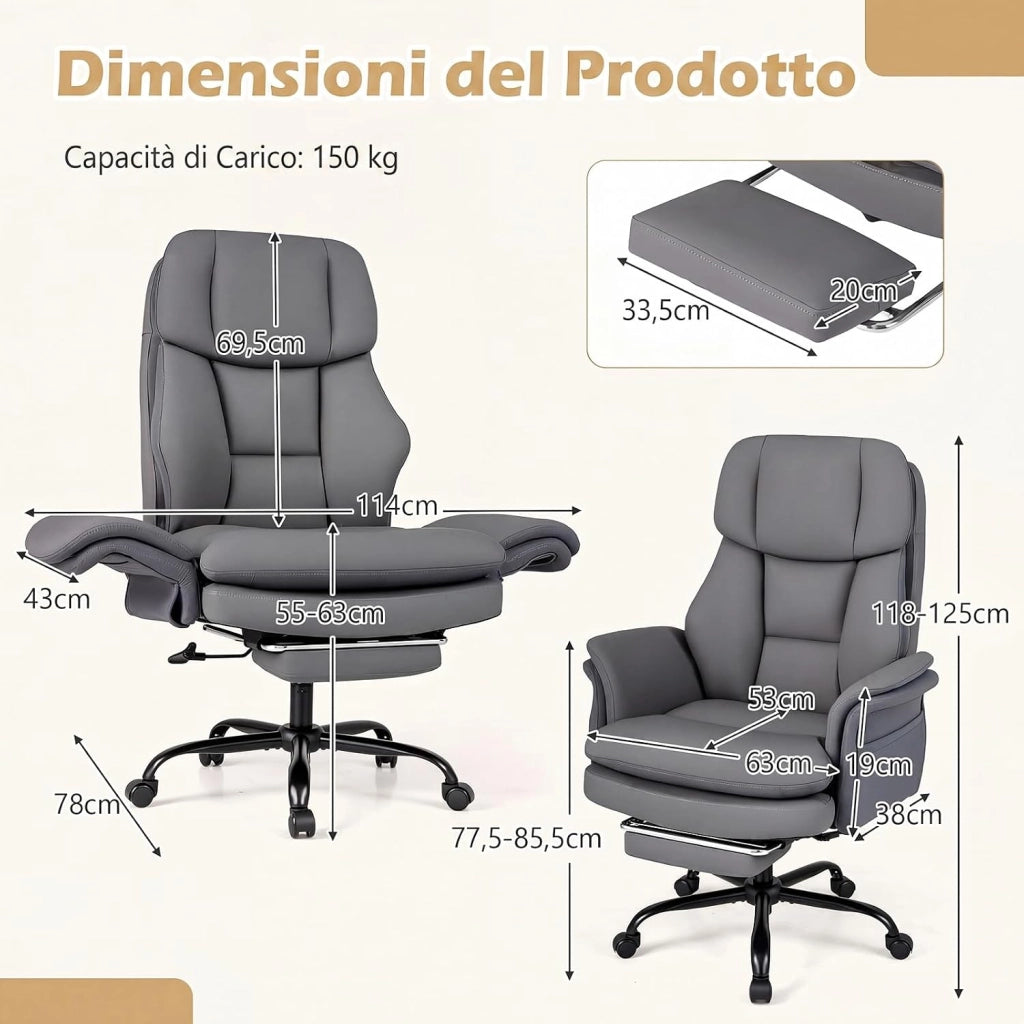 Sedia da Ufficio Ergonomica, Portata 150 kg (Grigio) | Sedia Scrivania con Rotelle Girevole, Braccioli Regolabili su 5 Livelli e Poggiapiedi Retrattile, per Casa e Ufficio