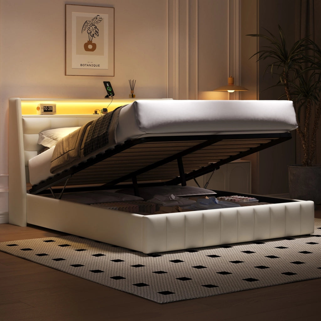 Letto Contenitore 160x200 cm; Letto Matrimoniale - LED; USB e Schienale Regolabile