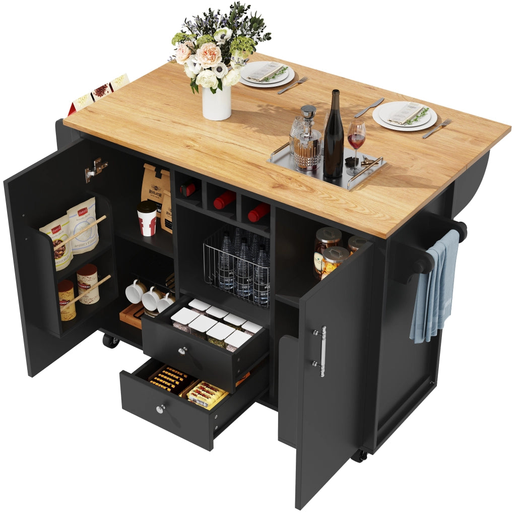 Carrello da cucina con 2 Cassetti; 2 Ante; Ripiani; Portasciugamani e Piano Pieghevole; in MDF; 137;9x45x92 cm; Nero