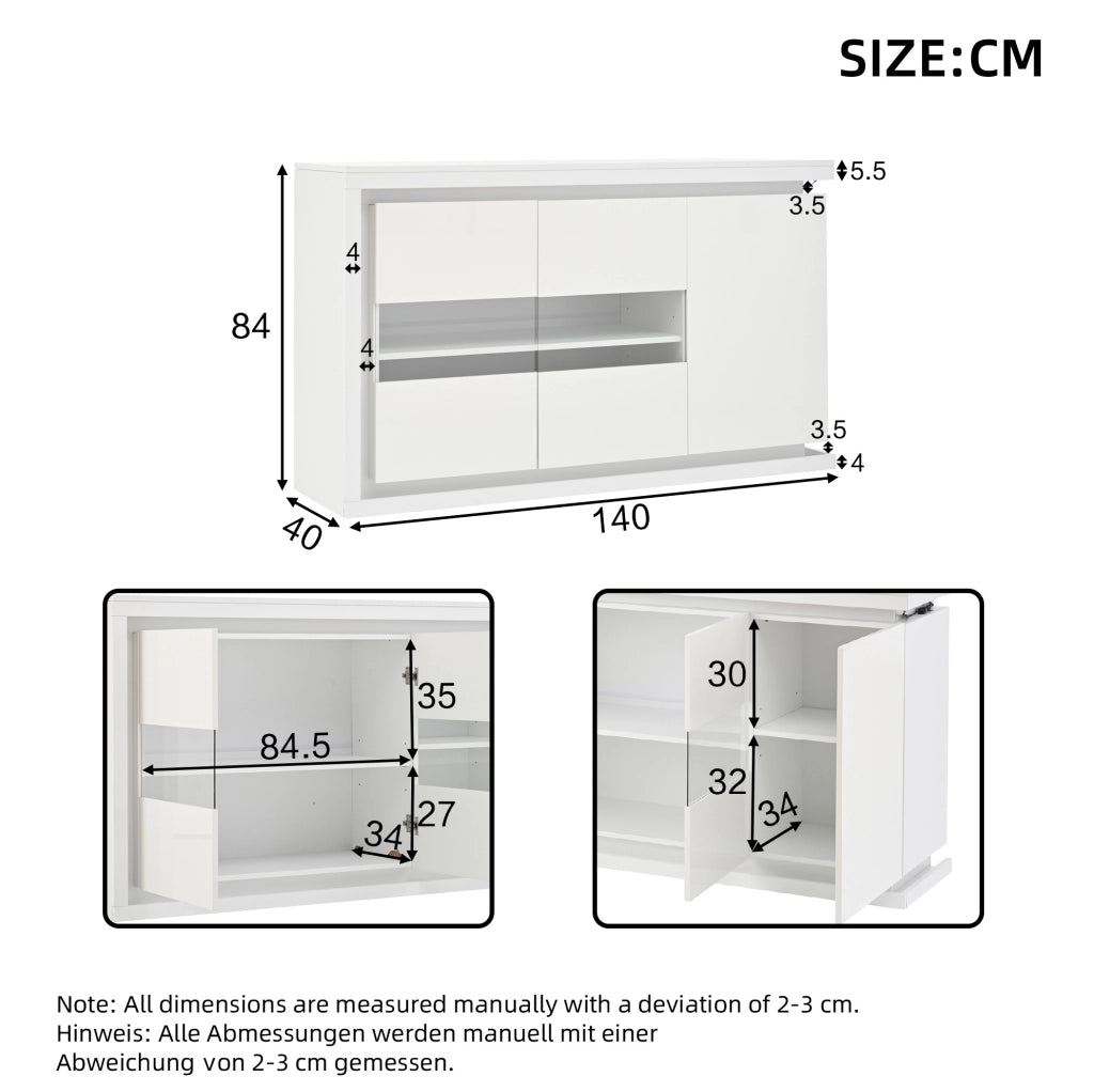 Madia 140x40x84 cm con luci LED telecomandate e 3 ante in truciolato e vetro bianca