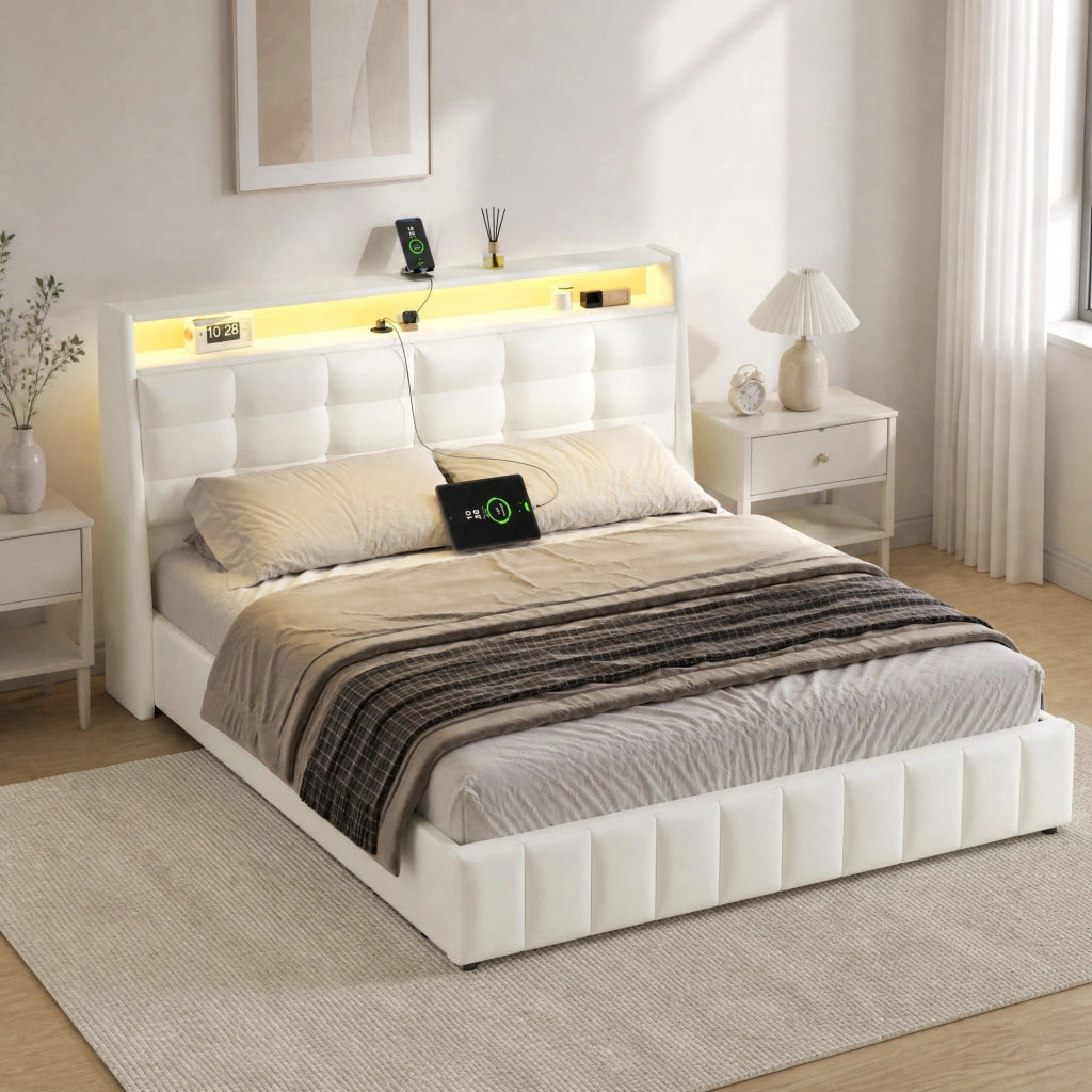Letto matrimoniale 160x200 con LED, USB e contenitore