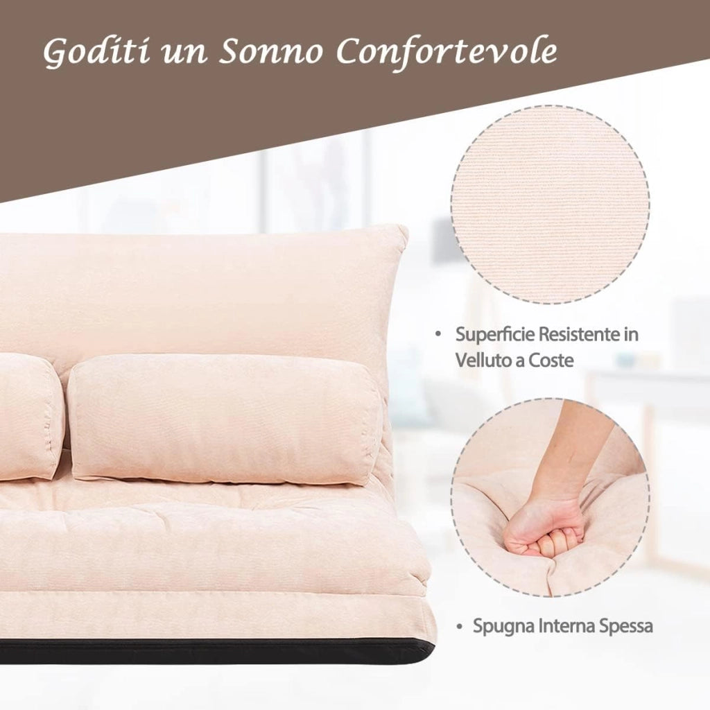 Divano da Terra, Divano Letto Multifunzionale Regolabile in 6 Posizioni con 2 Cuscini, con Fodera in Camoscio per Camera da Letto Salone Balcone (Beige)