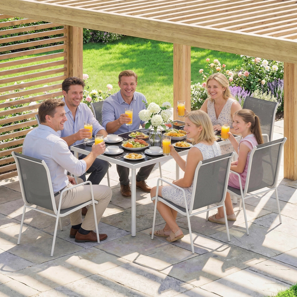Set 7 Pezzi Pranzo da Giardino con Tavolo Rettangolare 150x90x72 cm e 6 Sedie Impilabili in Metallo e Texteline Grigio