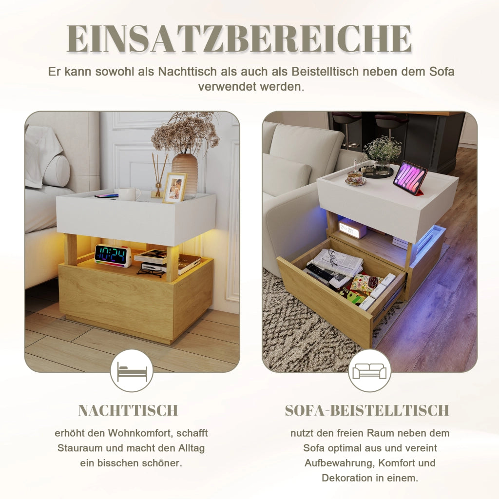 COMODINO 50x40x50 cm con ricarica wireless e LED, Bianco/Naturale, 2 cassetti