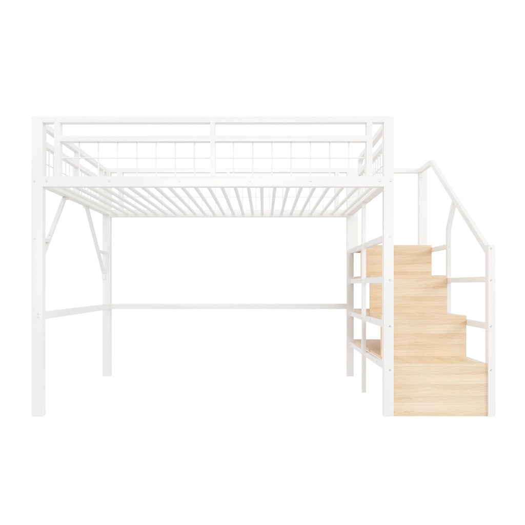 OKWISH Letto a Soppalco 140×200 cm, Letto Matrimoniale con LED Regolabile, Scala Contenitore e Spazio sotto Letto, senza Materasso, Bianco