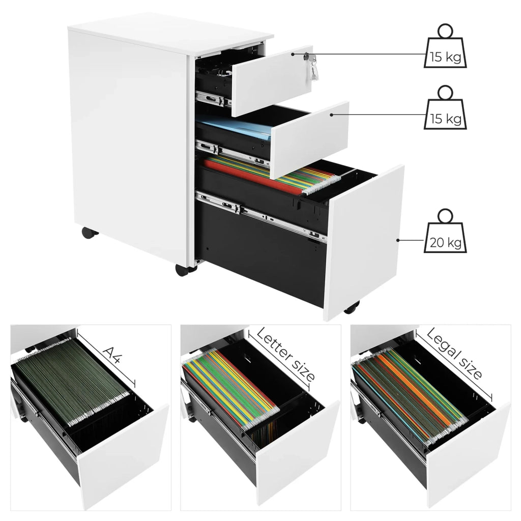 Cassettiera per ufficio su ruote con 3 cassetti e schedario sospeso 30 x 45 x 60 cm armadio per ufficio con serratura per archivi e documenti corpo dell'armadio preassemblato bianco 12_0004807