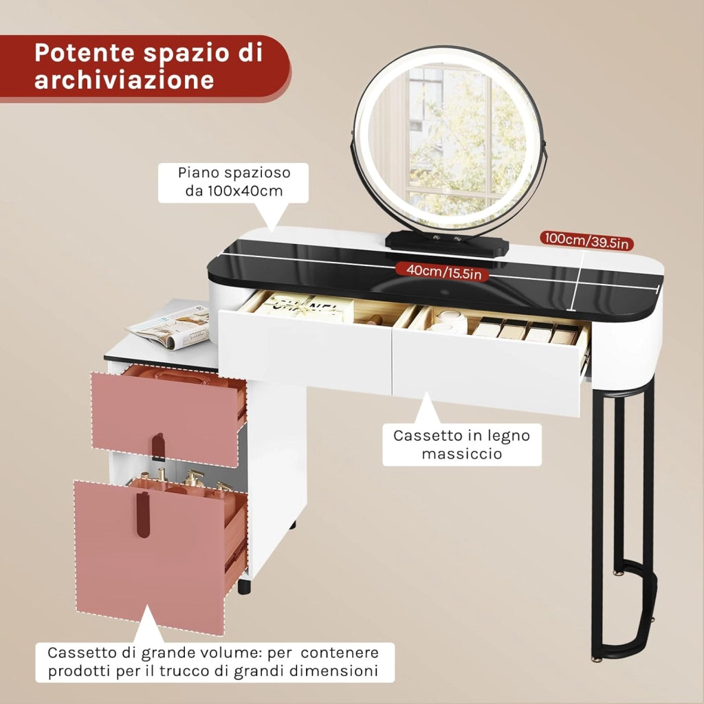 WOLTU Toeletta Trucco con Specchio LED Ø45cm, 3 Luci, 4 Cassetti, Tavolo da Trucco Moderno Bianco e Nero per Camera da Letto