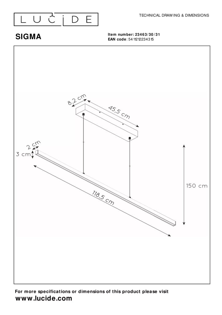 Lampada a sospensione moderna bianca 120cm Lucide Sigma LED 30W