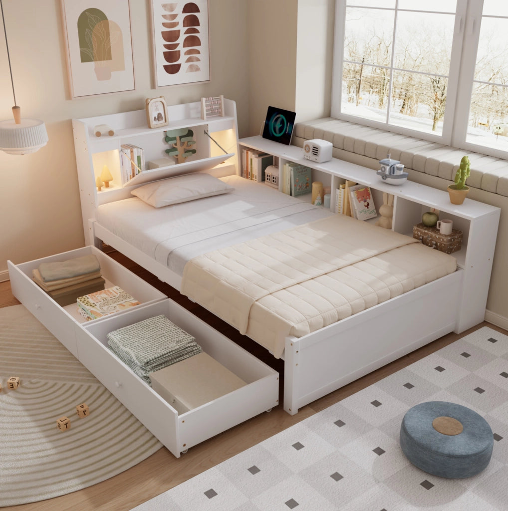 Letto singolo 90x200 cm con contenitore, 2 luci e presa di ricarica