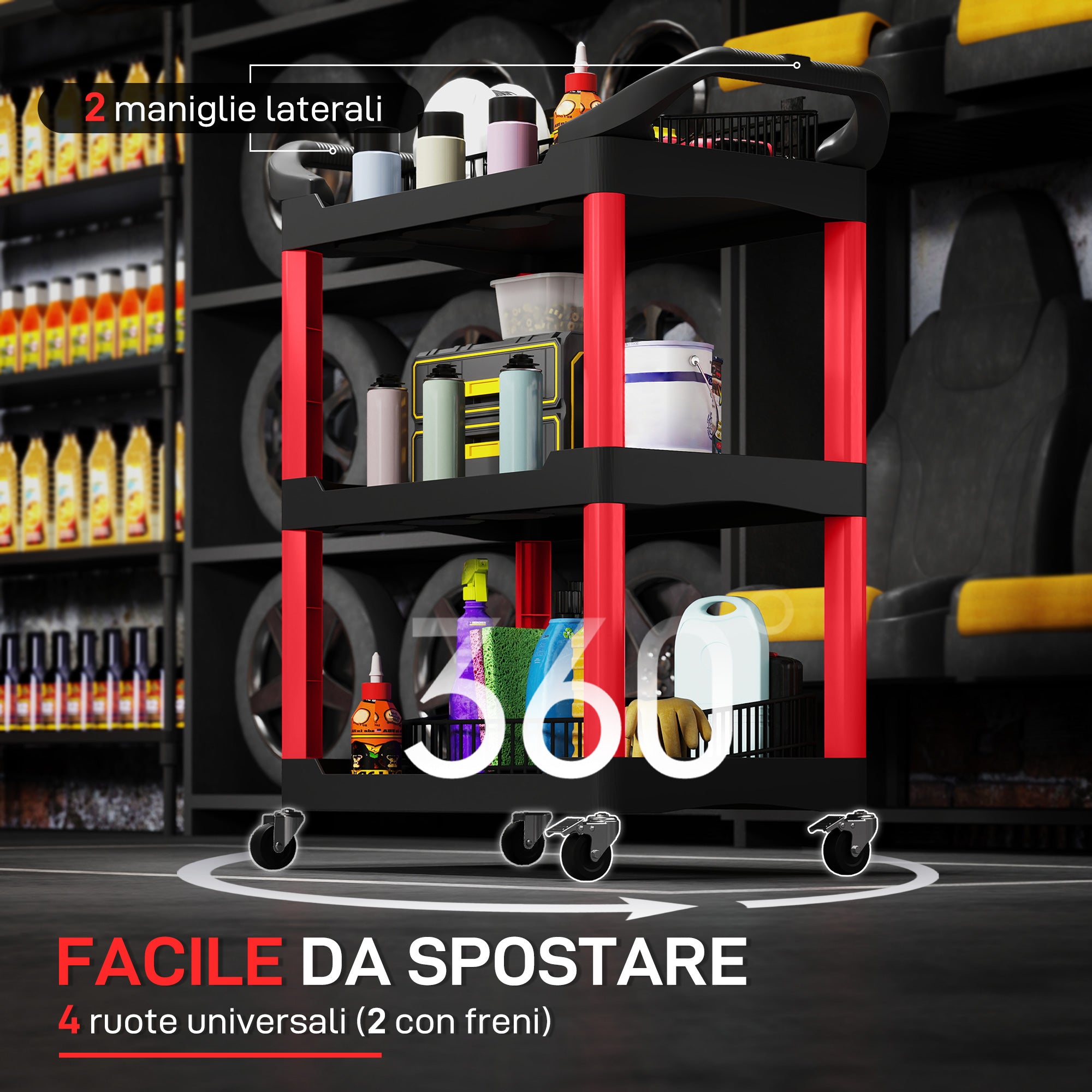 Carrello Porta Attrezzi a 3 Livelli 83x43x97 cm Capacità 91 kg 3 Livelli con Ruote in Plastica Rosso