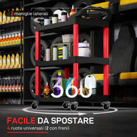 Carrello Porta Attrezzi a 3 Livelli 83x43x97 cm Capacità 91 kg 3 Livelli con Ruote in Plastica Rosso