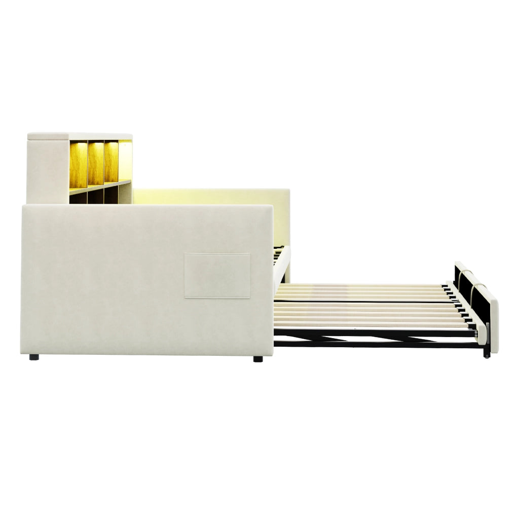 DESMIU Divano letto 90 × 190 cm 1 posto con contenitore, LED, USB e Tipo C, senza materasso, in velluto, beige