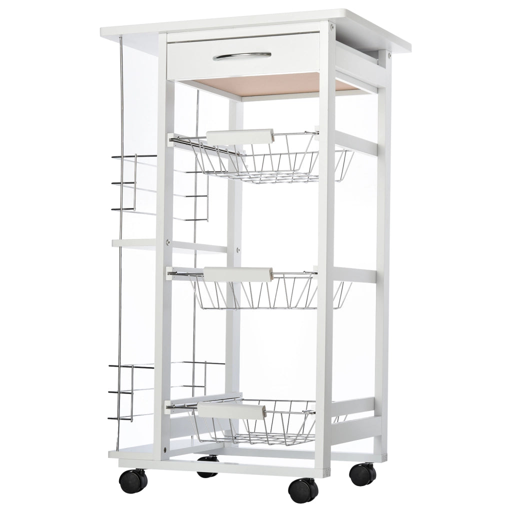 Carrello da cucina con ruote e 3 cestelli ¨C zephmum ¨C metallo, legno di pino, bianco