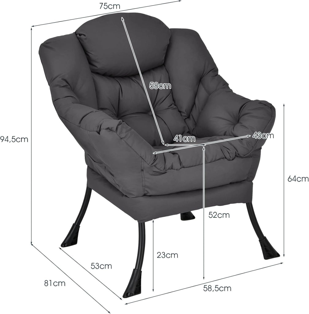 Poltrona da salotto scandinava, divano Relax confortevole, bracciolo, tasca laterale, 4 piedi in acciaio, sedia relax per soggiorno, ufficio, camera da letto, 75 x 81 x 94,5 cm, grigio (grigio