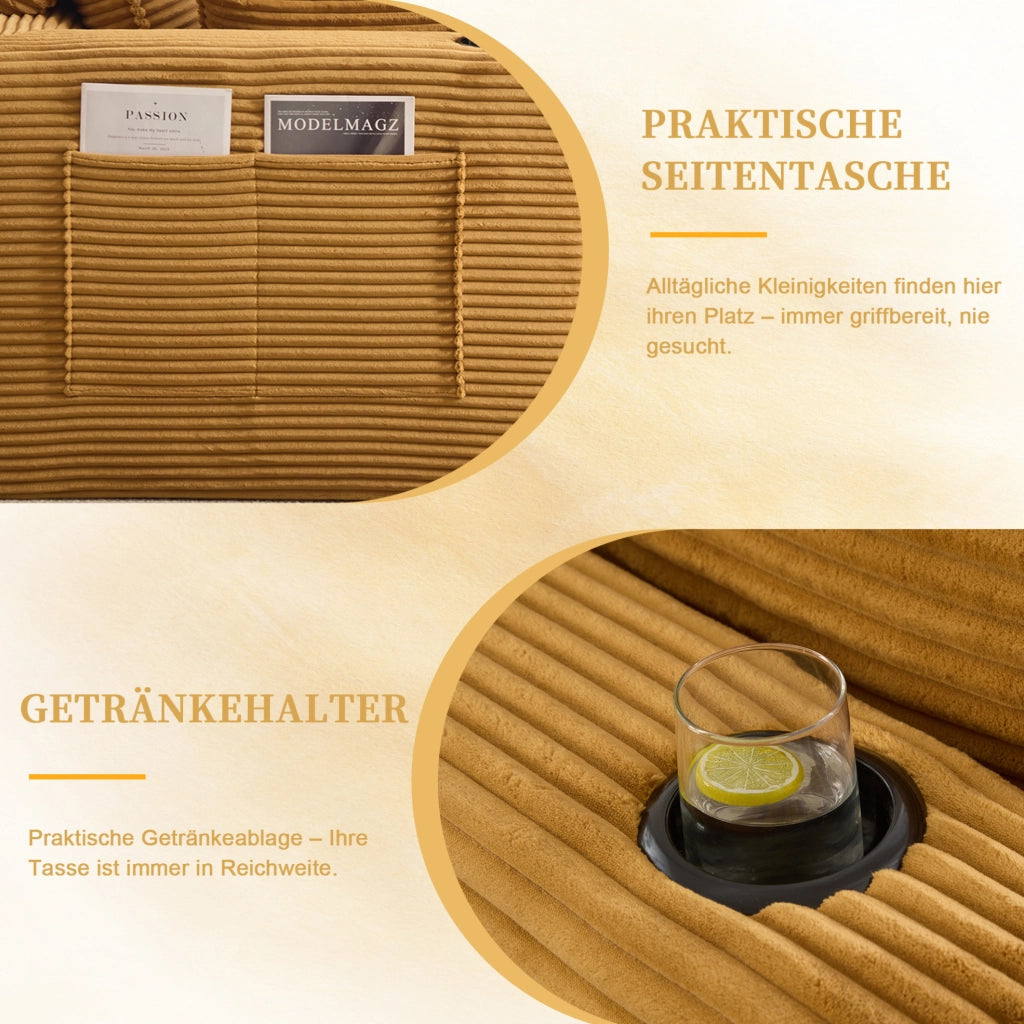 Divano modulare componibile con pouf; corduroy arancione